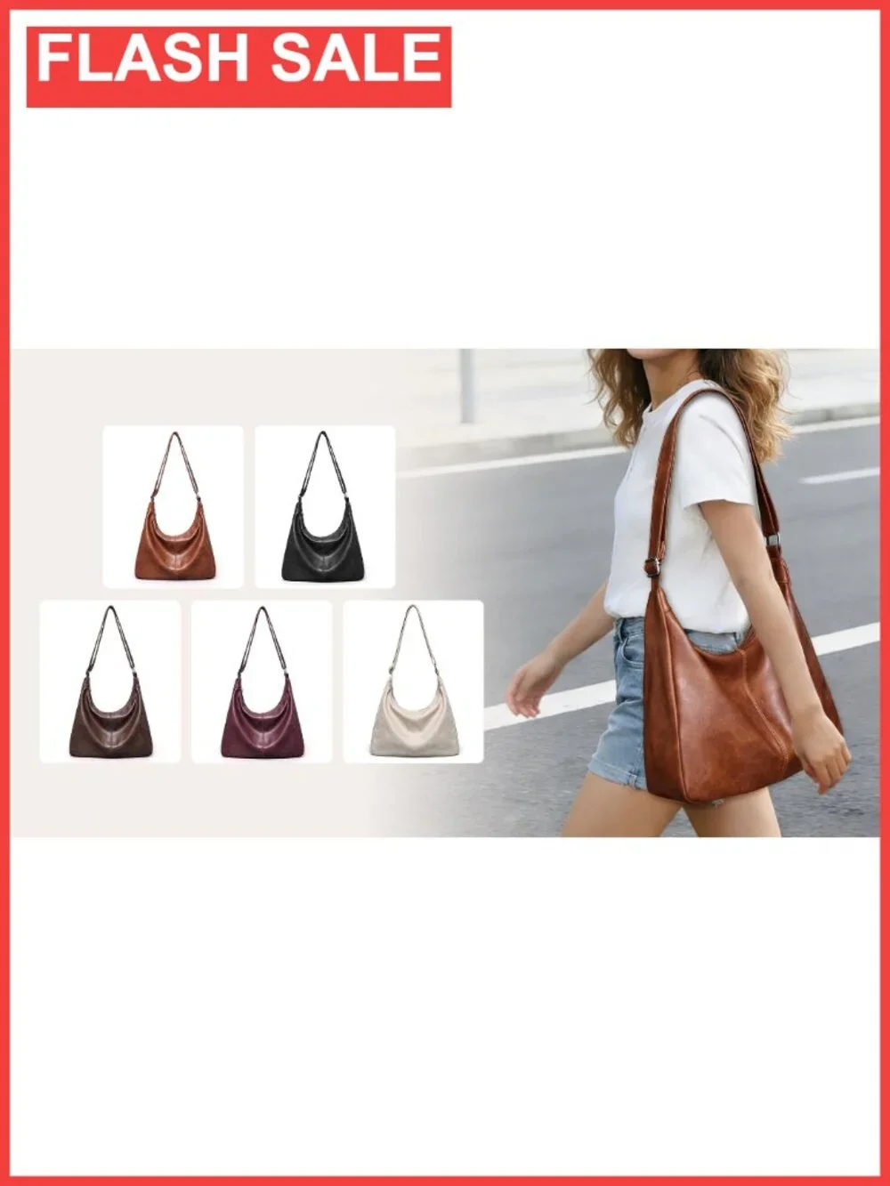 Vegan Leather Hobo Shoulder Bag Slouchy Tote with Zipper